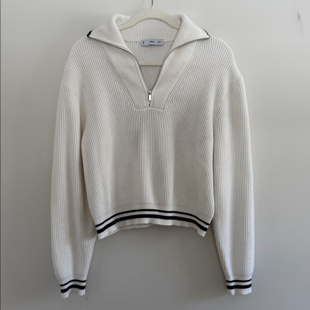 Mango White Ribbed Quarter Zip